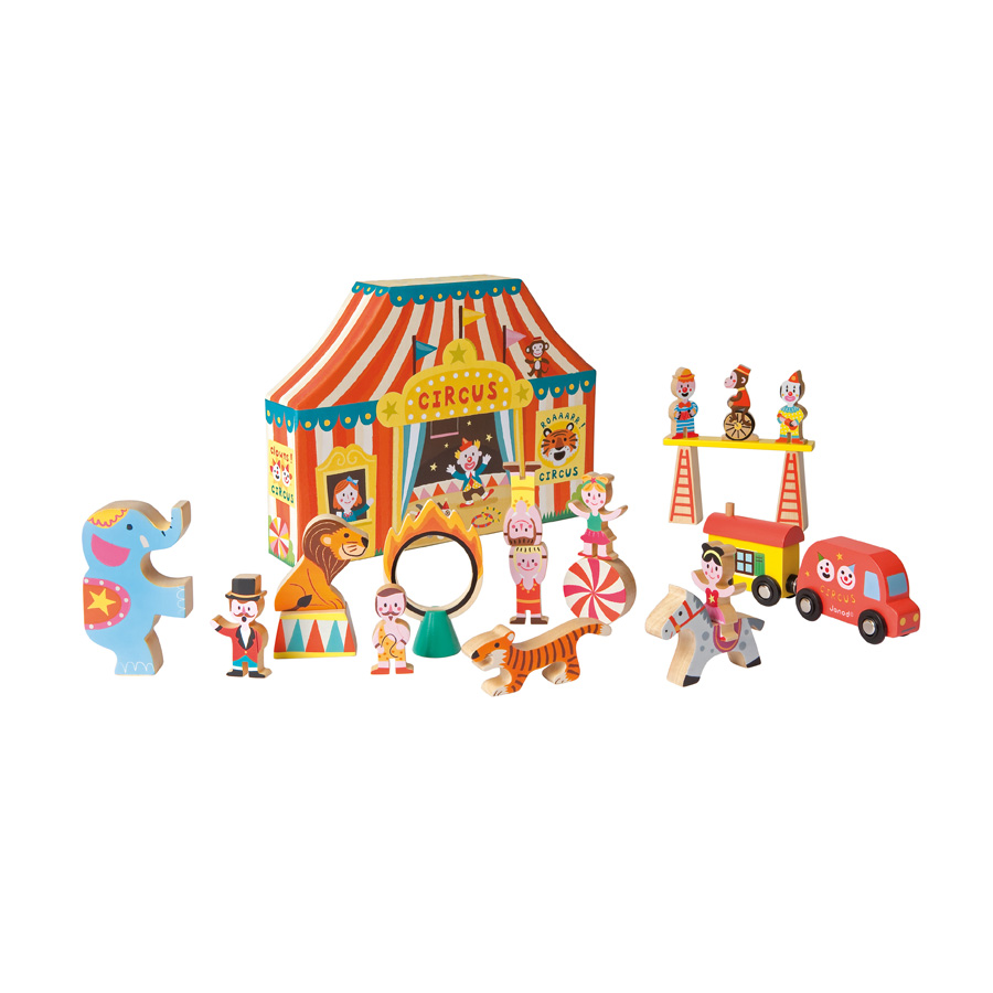 Zirkus Spielmatte mit Holz-Figuren Artisten Tiere Attraktionen 16 tlg 230120